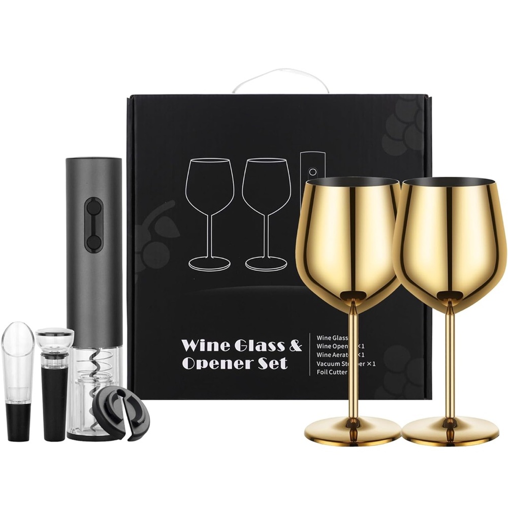 Gold Wine Glass and Opener Set